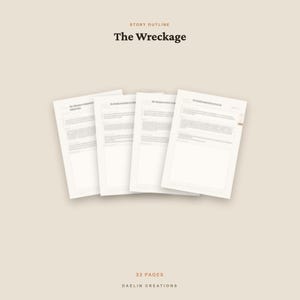Peut inclure: Un document de plan d'histoire de 32 pages intitul&eacute; The Wreckage par Daelin Creations. Le document se compose de quatre pages blanches avec du texte noir dispos&eacute;es en &eacute;ventail, pr&eacute;sentant des sections structur&eacute;es sur un fond beige clair.