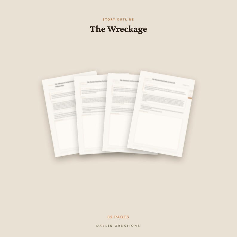 Peut inclure: Un document de plan d'histoire de 32 pages intitul&eacute; The Wreckage par Daelin Creations. Le document se compose de quatre pages blanches avec du texte noir dispos&eacute;es en &eacute;ventail, pr&eacute;sentant des sections structur&eacute;es sur un fond beige clair.