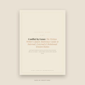 Pode incluir: Um guia de refer&ecirc;ncia digital bege intitulado Conflict by Genre: The Fiction Writer's Quick-Reference Guide to Internal, External & Relational Tension Ratios. O documento inclui uma an&aacute;lise das demandas de conflito e possui abas clic&aacute;veis.