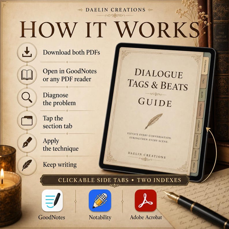 May include: A digital guide titled Dialogue Tags & Beats Guide by Daelin Creations displayed on a tablet screen. The interface features clickable side tabs, two indexes, and instructions for use with PDF readers like GoodNotes and Notability.