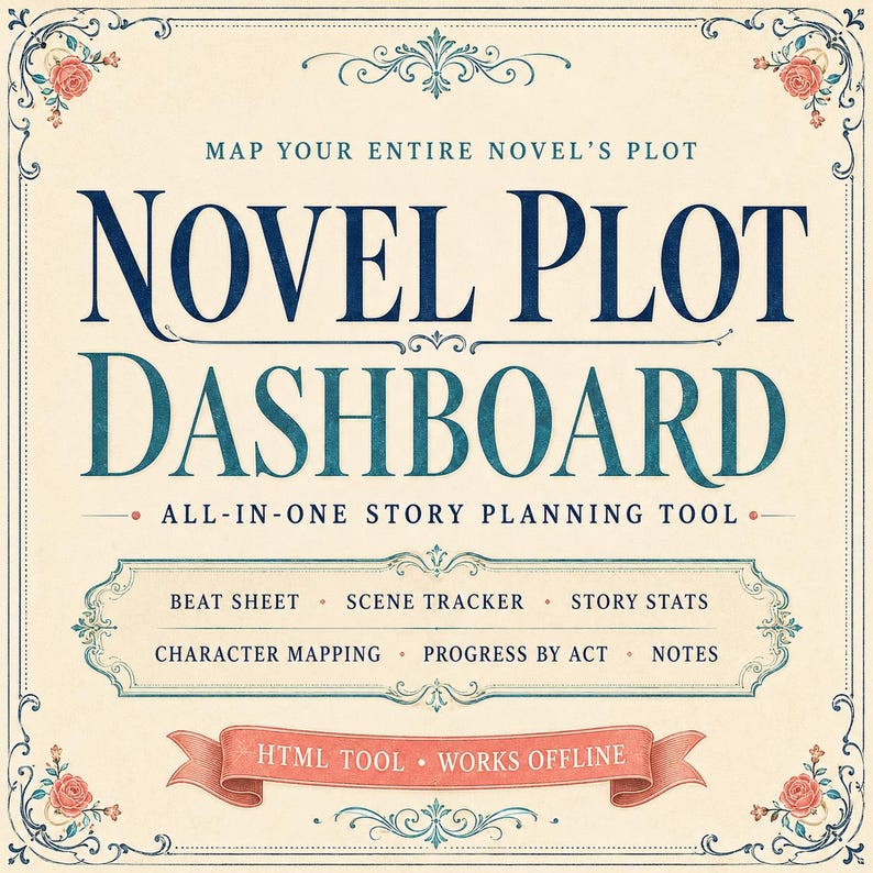 K&ouml;nnte beinhalten: Eine quadratische Grafik mit dem Titel NOVEL PLOT DASHBOARD, dem Text MAP YOUR ENTIRE NOVEL'S PLOT und ALL-IN-ONE STORY PLANNING TOOL. Sie listet Funktionen wie BEAT SHEET, SCENE TRACKER, STORY STATS, CHARACTER MAPPING, PROGRESS BY ACT und NOTES auf.