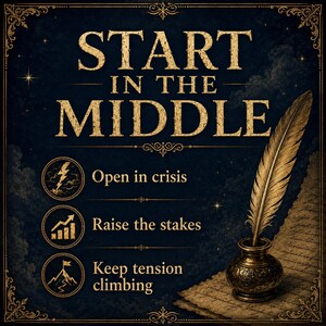 May include: A dark blue poster with gold text that reads "START IN THE MIDDLE." Below are three icons with text: "Open in crisis," "Raise the stakes," and "Keep tension climbing." A quill and inkwell are on the right.