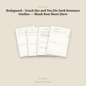 Puede incluir: Un documento digital titulado Bodyguard - Touch Her and You Die Dark Romance Outline - Blank Beat Sheet (Save, que contiene 25 p&aacute;ginas. La imagen muestra cuatro p&aacute;ginas blancas superpuestas con campos de texto estructurados sobre un fondo beige.