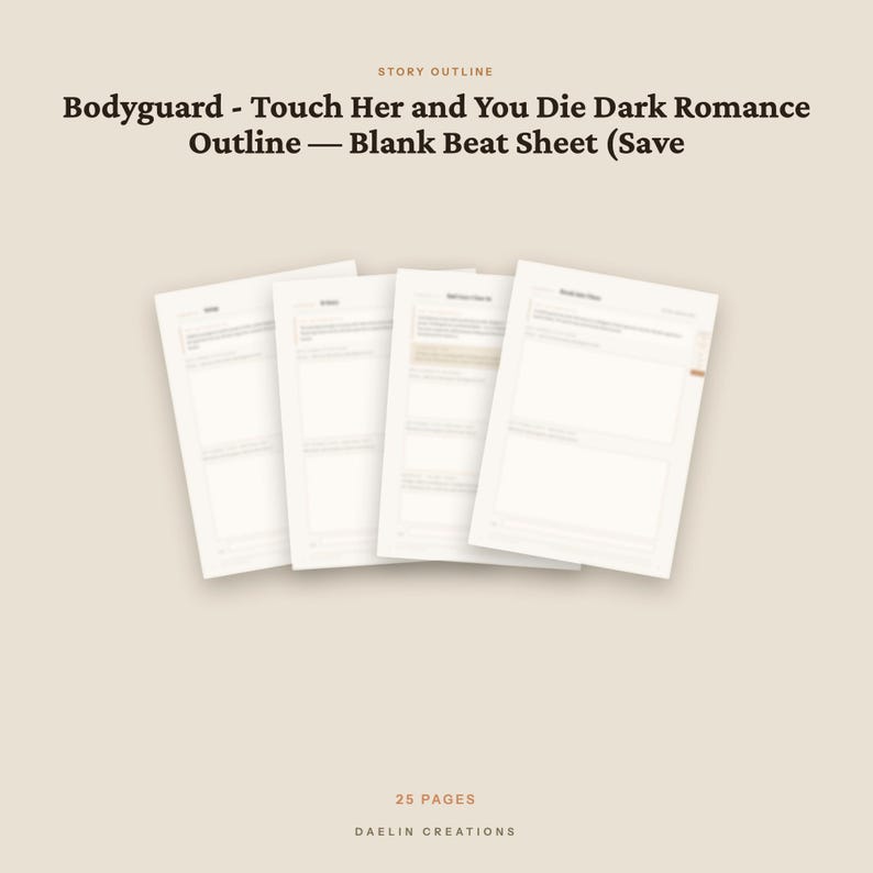Puede incluir: Un documento digital titulado Bodyguard - Touch Her and You Die Dark Romance Outline - Blank Beat Sheet (Save, que contiene 25 p&aacute;ginas. La imagen muestra cuatro p&aacute;ginas blancas superpuestas con campos de texto estructurados sobre un fondo beige.