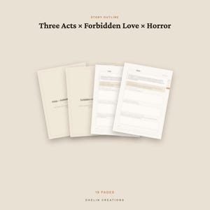 Pu&ograve; includere: Un set di 18 pagine intitolato Story Outline Three Acts x Forbidden Love x Horror di Daelin Creations. Il documento presenta una serie di fogli color bianco sporco con testo scuro, incluse sezioni strutturate per la scrittura e la pianificazione.