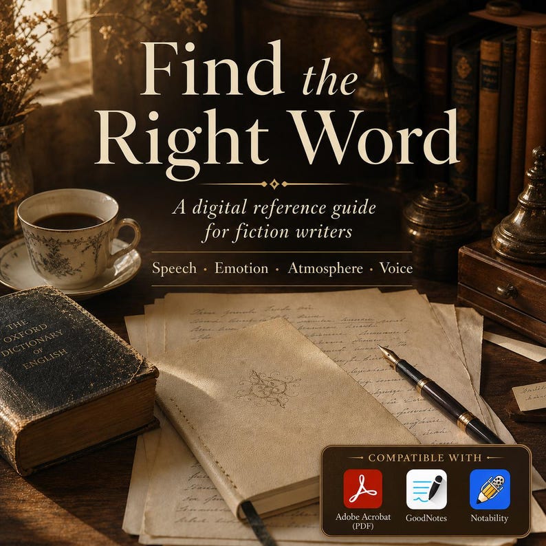 May include: A digital reference guide for fiction writers titled Find the Right Word, featuring text about speech, emotion, atmosphere, and voice. The image displays a vintage desk with a teacup, a dictionary, a notebook, and a fountain pen.