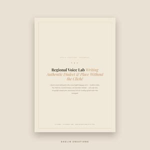 May include: A rectangular digital document titled Regional Voice Lab: Writing Authentic Dialect & Place Without the Cliche. The beige page features black and tan text detailing a fiction writer's field guide to four iconic English-language voices.