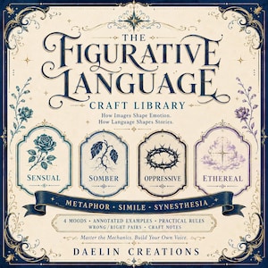Op de afbeelding: Een vierkante boekomslag met de titel The Figurative Language Craft Library in donkerblauwe tekst op een cr&egrave;mekleurige achtergrond. Het bevat vier sierlijke kaders met illustraties van een roos, een plant, een doornenkroon en wolken, gelabeld Sensual, Somber, Oppressive en Ethereal.