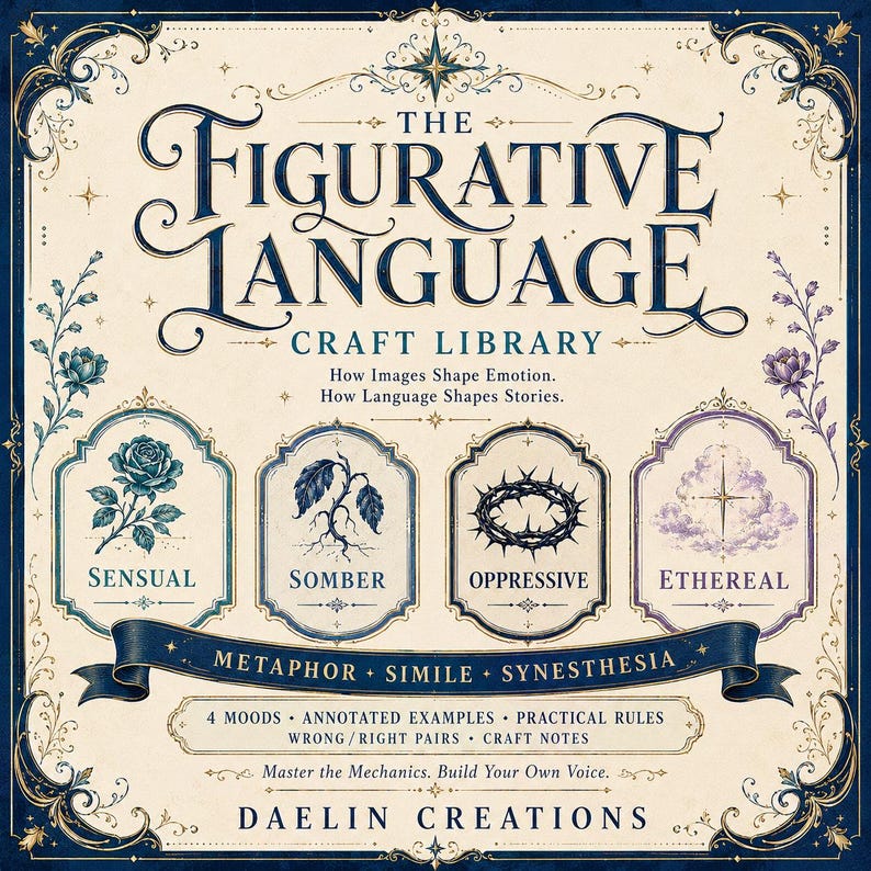Op de afbeelding: Een vierkante boekomslag met de titel The Figurative Language Craft Library in donkerblauwe tekst op een cr&egrave;mekleurige achtergrond. Het bevat vier sierlijke kaders met illustraties van een roos, een plant, een doornenkroon en wolken, gelabeld Sensual, Somber, Oppressive en Ethereal.