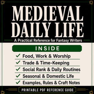 以下が含まれることがあります： Medieval Daily Life: A Practical Reference for Fantasy Writersというタイトルの印刷可能なPDFリファレンスガイド。このドキュメントには、食、仕事、礼拝、貿易、時間管理、社会的地位、日課、季節の生活、工芸に関するメモなどのトピックが記載されています。
