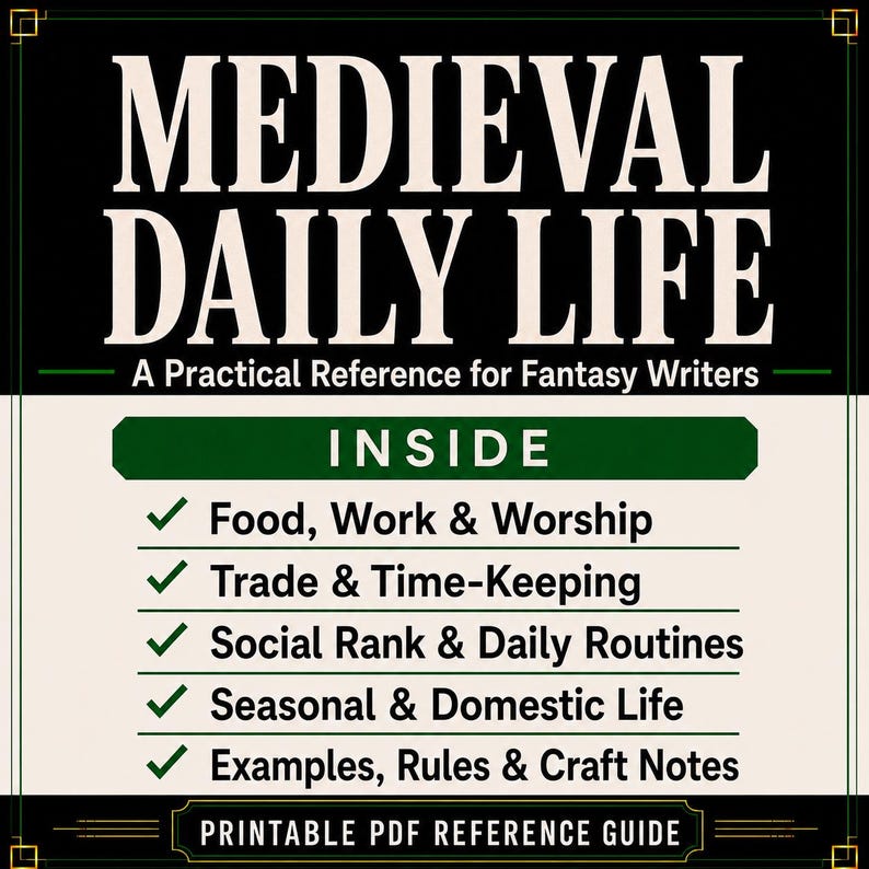 以下が含まれることがあります： Medieval Daily Life: A Practical Reference for Fantasy Writersというタイトルの印刷可能なPDFリファレンスガイド。このドキュメントには、食、仕事、礼拝、貿易、時間管理、社会的地位、日課、季節の生活、工芸に関するメモなどのトピックが記載されています。