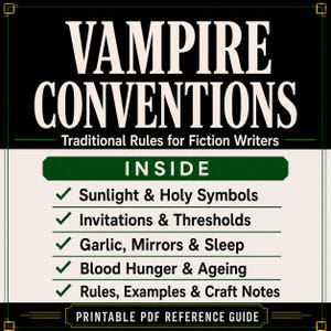 May include: A printable PDF reference guide titled VAMPIRE CONVENTIONS Traditional Rules for Fiction Writers. The text lists topics including Sunlight & Holy Symbols, Invitations & Thresholds, Garlic, Mirrors & Sleep, Blood Hunger & Ageing, and Rules, Examples & Craft Notes.