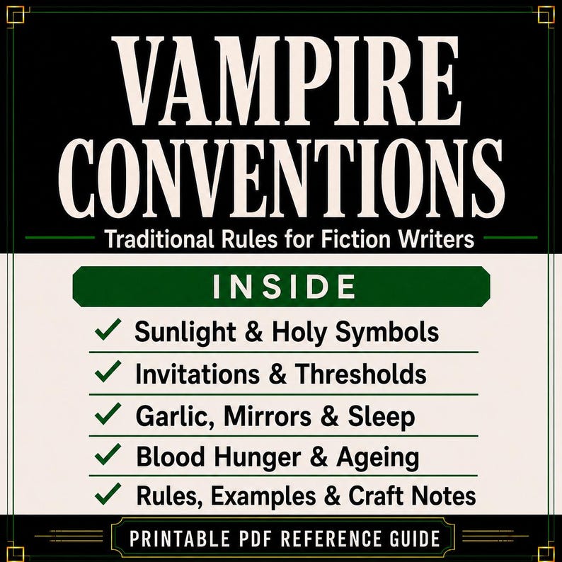 May include: A printable PDF reference guide titled VAMPIRE CONVENTIONS Traditional Rules for Fiction Writers. The text lists topics including Sunlight & Holy Symbols, Invitations & Thresholds, Garlic, Mirrors & Sleep, Blood Hunger & Ageing, and Rules, Examples & Craft Notes.