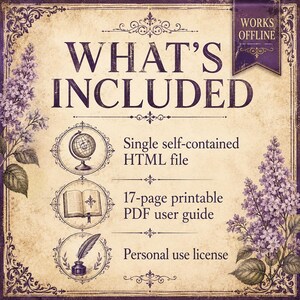 May include: A vintage-style informational graphic with a cream background and purple floral borders. The text reads WHAT'S INCLUDED, WORKS OFFLINE, Single self-contained HTML file, 17-page printable PDF user guide, and Personal use license.
