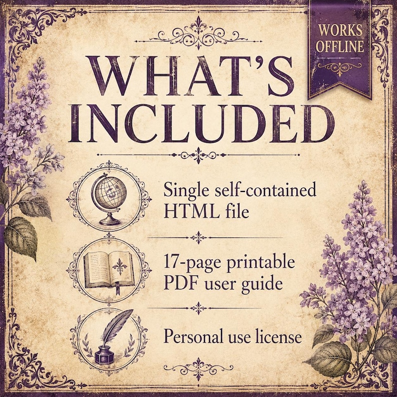 May include: A vintage-style informational graphic with a cream background and purple floral borders. The text reads WHAT'S INCLUDED, WORKS OFFLINE, Single self-contained HTML file, 17-page printable PDF user guide, and Personal use license.