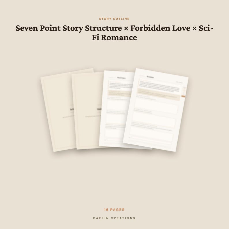 K&ouml;nnte beinhalten: Ein 16-seitiges Story-Outline-Dokument mit dem Titel Seven Point Story Structure x Forbidden Love x Sci-Fi Romance von Daelin Creations. Das Dokument besteht aus mehreren wei&szlig;en Seiten mit dunklem Text und strukturierten Abschnitten zur Organisation von Handlungsstr&auml;ngen.