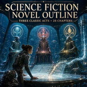 May include: A digital illustration titled SCIENCE FICTION NOVEL OUTLINE THREE CLASSIC ACTS 25 CHAPTERS. It depicts a person in a dark suit standing before a glowing table with three alien figures seated behind it in a blue, futuristic, domed chamber.
