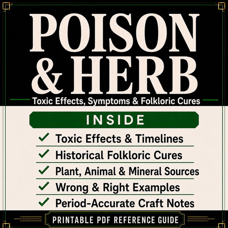 Op de afbeelding: Een printbare PDF-referentiegids getiteld POISON & HERB: Toxic Effects, Symptoms & Folkloric Cures. Het document bevat een lijst met inhoud zoals toxische effecten, tijdlijnen, historische geneeswijzen, bronnen en ambachtelijke notities.