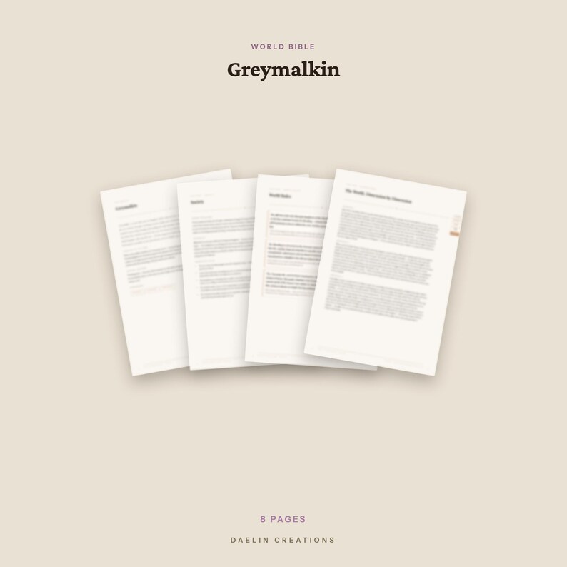 K&ouml;nnte beinhalten: Vier wei&szlig;e Papierbl&auml;tter mit gedrucktem Text, die f&auml;cherf&ouml;rmig angeordnet sind. Der obere Text lautet WORLD BIBLE Greymalkin. Der untere Text lautet 8 PAGES DAELIN CREATIONS. Die Dokumente zeigen Textspalten und &Uuml;berschriften auf beigem Grund.