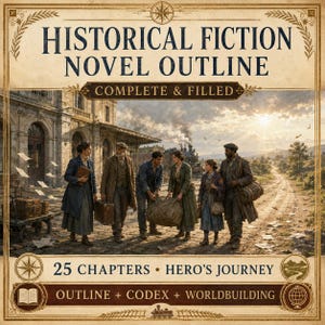 May include: A digital document titled Historical Fiction Novel Outline Complete & Filled. It features an illustration of five people in period clothing at a train station with luggage, 25 chapters, Hero's Journey, Outline, Codex, and Worldbuilding.