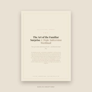 Pode incluir: Um caderno de exerc&iacute;cios digital bege intitulado The Art of the Familiar Surprise A Trope Subversion Workbook. A capa apresenta texto preto com serifa, um subt&iacute;tulo, um par&aacute;grafo descritivo e detalhes no rodap&eacute;.