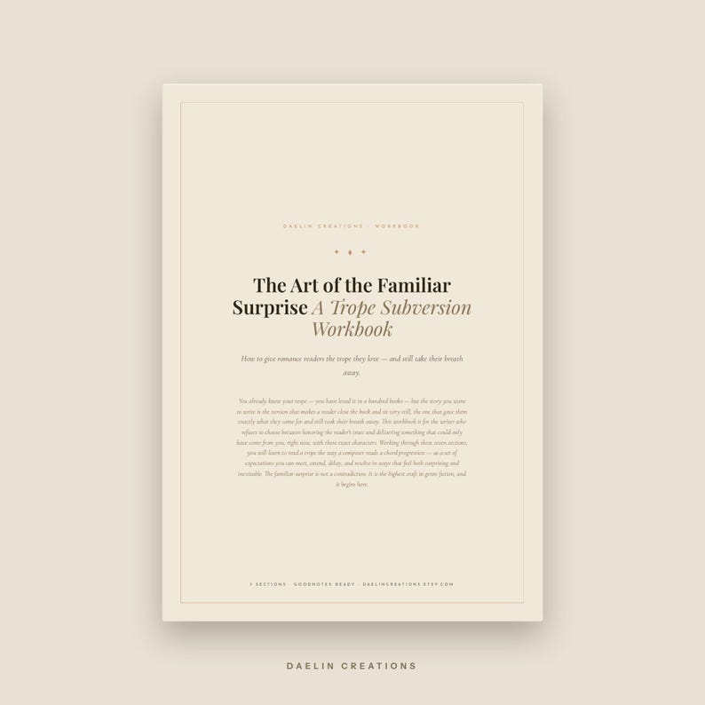 Pode incluir: Um caderno de exerc&iacute;cios digital bege intitulado The Art of the Familiar Surprise A Trope Subversion Workbook. A capa apresenta texto preto com serifa, um subt&iacute;tulo, um par&aacute;grafo descritivo e detalhes no rodap&eacute;.