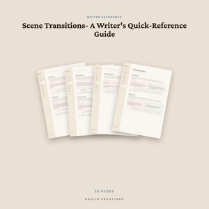 Pode incluir: Um guia digital intitulado Scene Transitions- A Writer's Quick-Reference Guide, apresentando quatro p&aacute;ginas brancas sobrepostas com texto escuro e detalhes claros. O documento inclui o texto 26 PAGES e DAELIN CREATIONS na parte inferior.