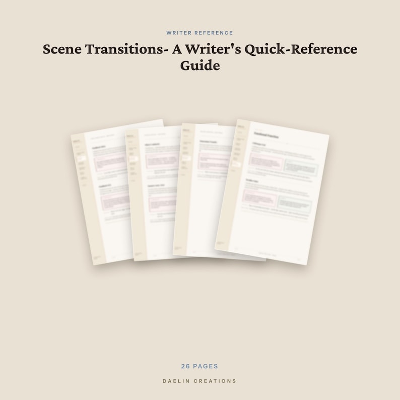 Pode incluir: Um guia digital intitulado Scene Transitions- A Writer's Quick-Reference Guide, apresentando quatro p&aacute;ginas brancas sobrepostas com texto escuro e detalhes claros. O documento inclui o texto 26 PAGES e DAELIN CREATIONS na parte inferior.