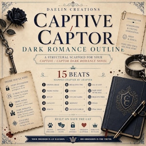 May include: A digital writing guide titled Captive/Captor Dark Romance Outline by Daelin Creations. The beige page features a 15-beat structural scaffold, a black rose, a metal key, a pair of handcuffs, a black journal, and a fountain pen.