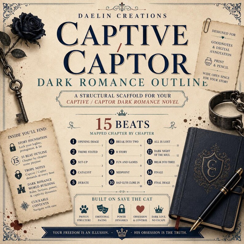 May include: A digital writing guide titled Captive/Captor Dark Romance Outline by Daelin Creations. The beige page features a 15-beat structural scaffold, a black rose, a metal key, a pair of handcuffs, a black journal, and a fountain pen.