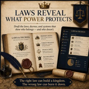 May include: A digital tablet displaying a Laws & Decrees interface sits next to an open book titled Laws & Decrees for the Realm of Aeldryn. A dark blue quill, an inkwell, and a rolled parchment with a red wax seal complete the scene.