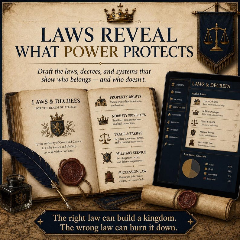 May include: A digital tablet displaying a Laws & Decrees interface sits next to an open book titled Laws & Decrees for the Realm of Aeldryn. A dark blue quill, an inkwell, and a rolled parchment with a red wax seal complete the scene.