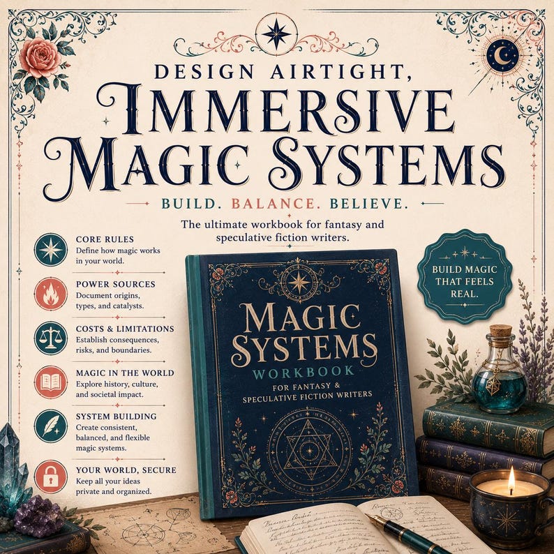 K&ouml;nnte beinhalten: Ein dunkelblaues Arbeitsbuch mit festem Einband, betitelt Magic Systems for Fantasy & Speculative Fiction Writers, mit goldenen geometrischen Illustrationen. Es ist mit einem F&uuml;llfederhalter, einem offenen Notizbuch, einer Flasche und einer Kerze abgebildet.