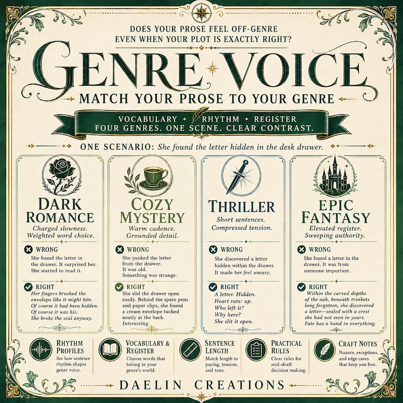 Guía de referencia de voz narrativa por género / Vocabulario, ritmo y estilo de escritura / PDF imprimible / PDF de GoodNotes imagen 2