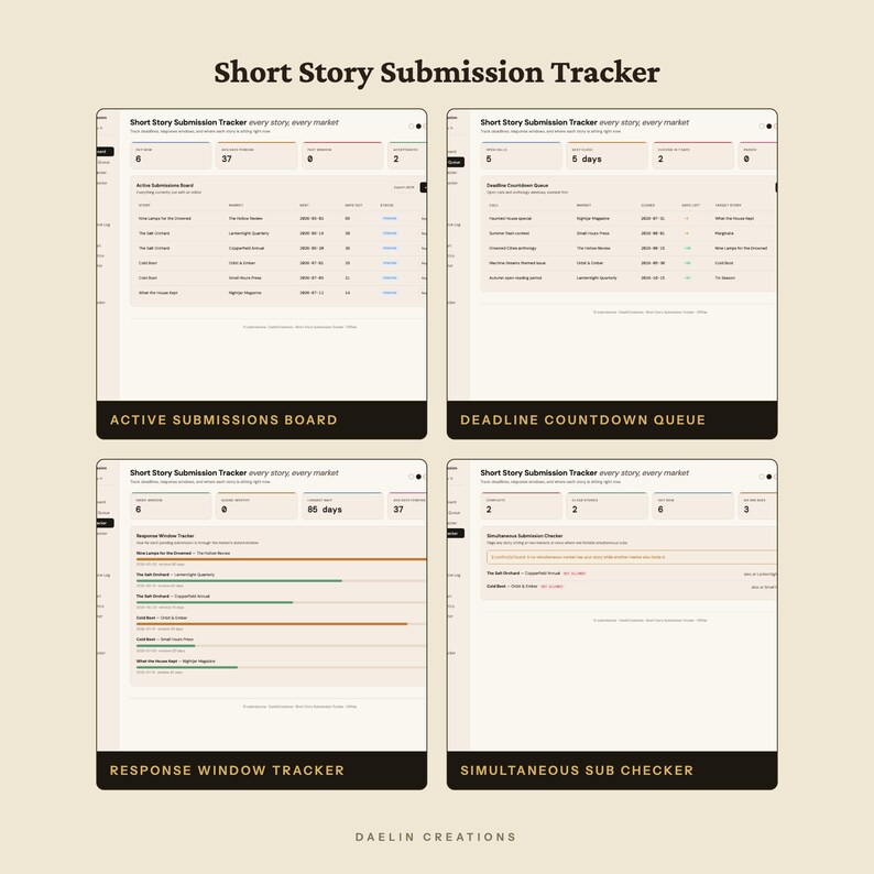 Short Story Submission Tracker | Simultaneous Submission Checker, Response Window Log & Market Directory Dashboard for Writers image 4