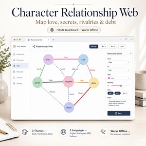 May include: A digital interface titled Character Relationship Web displaying a network of interconnected nodes labelled Elara, Kael, Dorian, Seraphine, Aldric, and Rohan. The web maps relationships like love, hate, and debt with coloured lines.