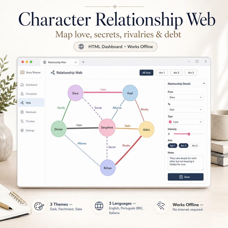 May include: A digital interface titled Character Relationship Web displaying a network of interconnected nodes labelled Elara, Kael, Dorian, Seraphine, Aldric, and Rohan. The web maps relationships like love, hate, and debt with coloured lines.