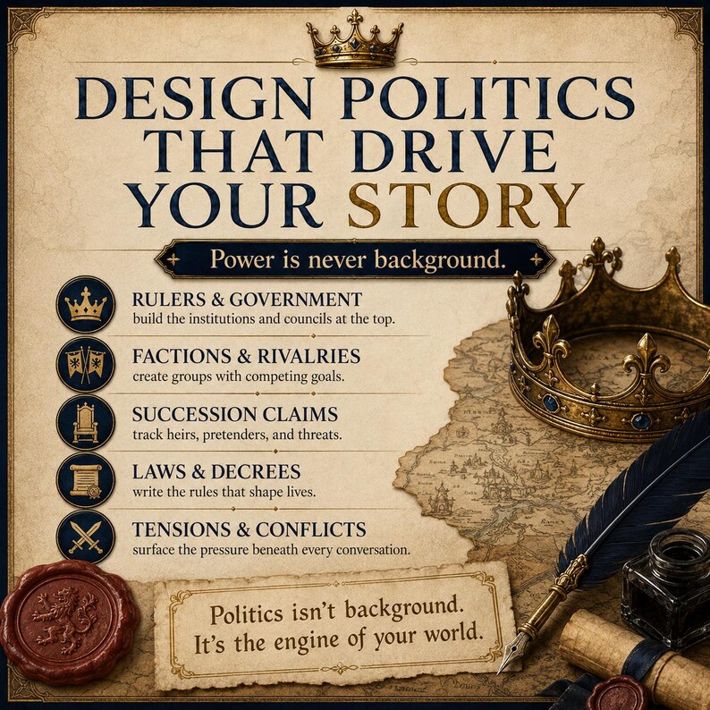 Worldbuilding Bible Political Systems Dashboard | Interactive Fiction Writing Tool | Fantasy World Builder | Novel Planning image 10