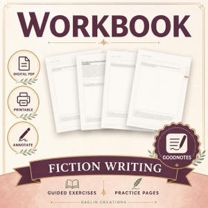 Könnte beinhalten: Ein digitales Arbeitsbuch für kreatives Schreiben mit vier weißen Textseiten auf cremefarbenem Hintergrund. Das Design umfasst dunkelviolette Banner mit dem Text WORKBOOK und FICTION WRITING sowie Symbole für digitales PDF, druckbar, annotieren und Goodnotes.