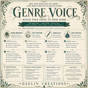 Puede incluir: Un gr&aacute;fico instructivo rectangular titulado GENRE VOICE con texto verde oscuro sobre un fondo crema. Presenta una tabla que compara estilos de escritura para romance oscuro, misterio, suspenso y fantas&iacute;a &eacute;pica, incluyendo perfiles de ritmo.