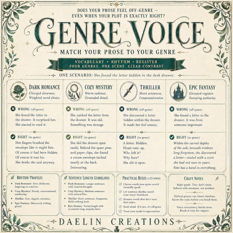 Puede incluir: Un gr&aacute;fico instructivo rectangular titulado GENRE VOICE con texto verde oscuro sobre un fondo crema. Presenta una tabla que compara estilos de escritura para romance oscuro, misterio, suspenso y fantas&iacute;a &eacute;pica, incluyendo perfiles de ritmo.
