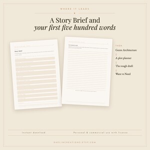 May include: Two off-white printable pages titled A Story Brief and your first five hundred words. The first page features structured fields for story details, while the second page contains lined paper. Text includes Genre Architecture, A plot planner, The rough draft, and Want vs Need.