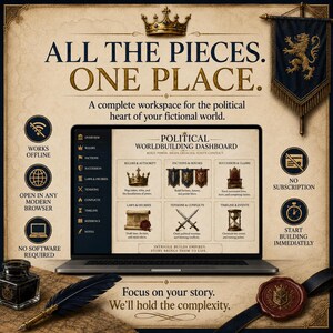 May include: A laptop displaying a Political Worldbuilding Dashboard with sections for rulers, factions, succession, laws, tensions, and timelines. The screen features text including ALL THE PIECES. ONE PLACE. and Focus on your story. We'll hold the complexity.