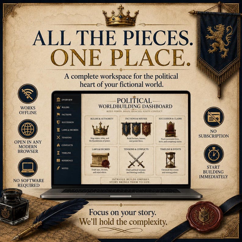 May include: A laptop displaying a Political Worldbuilding Dashboard with sections for rulers, factions, succession, laws, tensions, and timelines. The screen features text including ALL THE PIECES. ONE PLACE. and Focus on your story. We'll hold the complexity.
