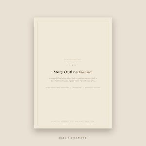 Peut inclure: Une page de planificateur de structure d'histoire num&eacute;rique beige avec du texte sombre. Le titre indique Story Outline Planner, suivi d'un texte sur un squelette battement par battement, Seven-Point Story Structure, Chosen One et Historical Fiction.