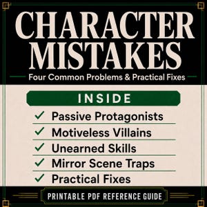 May include: A printable PDF reference guide titled CHARACTER MISTAKES: Four Common Problems & Practical Fixes. The text lists five points: Passive Protagonists, Motiveless Villains, Unearned Skills, Mirror Scene Traps, and Practical Fixes.