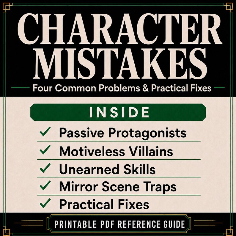May include: A printable PDF reference guide titled CHARACTER MISTAKES: Four Common Problems & Practical Fixes. The text lists five points: Passive Protagonists, Motiveless Villains, Unearned Skills, Mirror Scene Traps, and Practical Fixes.