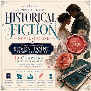 May include: A digital novel outline for historical fiction featuring the text A COMPLETE, FILLED HISTORICAL FICTION NOVEL OUTLINE ON THE SEVEN-POINT STORY STRUCTURE. It includes 15 chapters, a red wax seal, a rose, and a vintage medical tool.