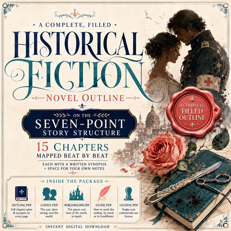May include: A digital novel outline for historical fiction featuring the text A COMPLETE, FILLED HISTORICAL FICTION NOVEL OUTLINE ON THE SEVEN-POINT STORY STRUCTURE. It includes 15 chapters, a red wax seal, a rose, and a vintage medical tool.