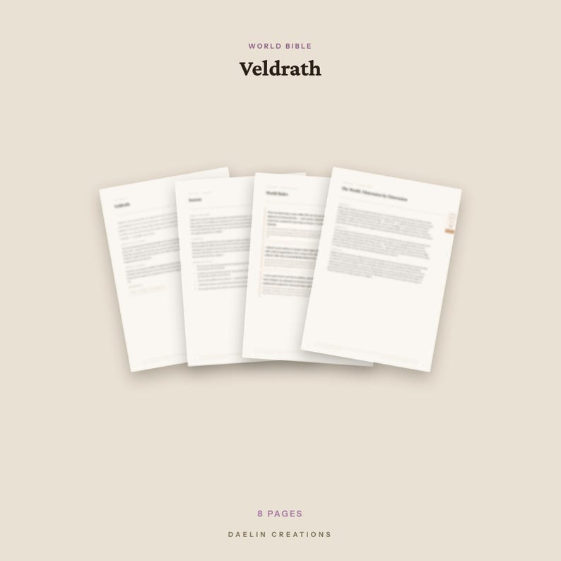 Op de afbeelding: Vier witte vellen papier met gedrukte tekst, waaiervormig gerangschikt. De bovenste tekst luidt World Bible Veldrath. De onderste tekst luidt 8 PAGES DAELIN CREATIONS. De documenten bevatten zwarte tekst op een lichte achtergrond.